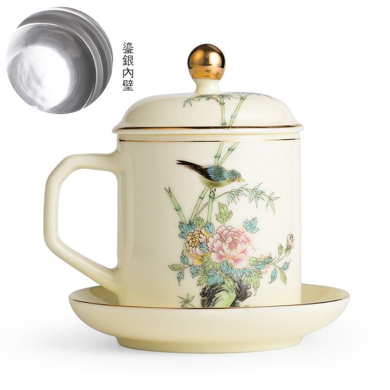 Hot recommended office ceramic cup with lid for tea making (beeswax yellow - birds singing and flowers scented (sterling silver liner))