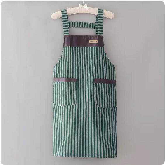 Hotly recommended apron [pure cotton with split pockets and wide green stripe] [Specification: 100*72CM]