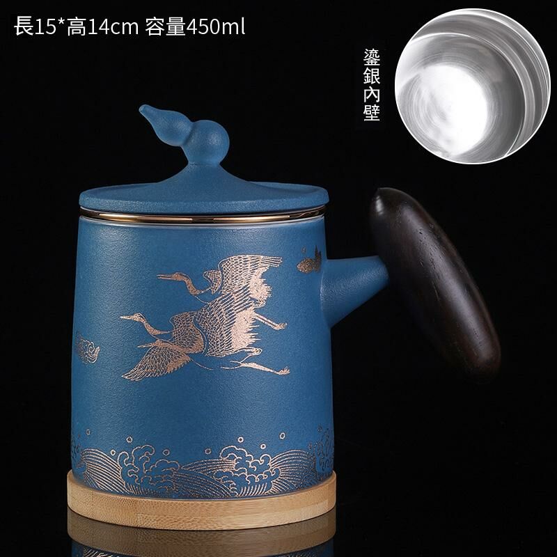 Hot recommended office ceramic cup with lid, tea and water separation tea cup (sapphire blue double cranes - silver liner)