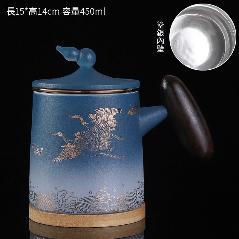 Hot recommended office ceramic cup with lid, tea and water separation tea cup (gradient sapphire blue double cranes are auspicious - silver liner)