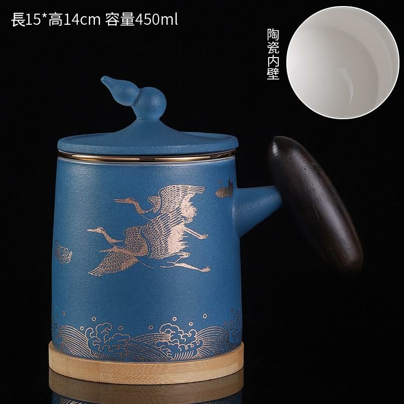 Hot recommended office ceramic cup with lid, tea and water separation tea cup (sapphire blue double cranes - ceramic liner)