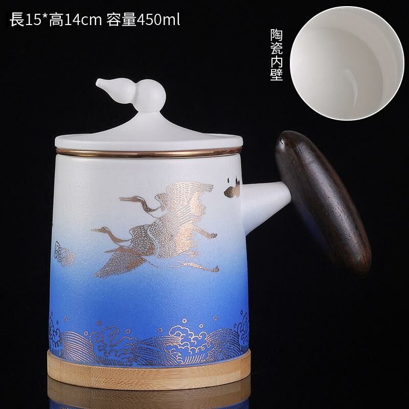 Hot recommended office ceramic cup with lid, tea and water separation tea cup (gradient sky blue double cranes - ceramic liner)