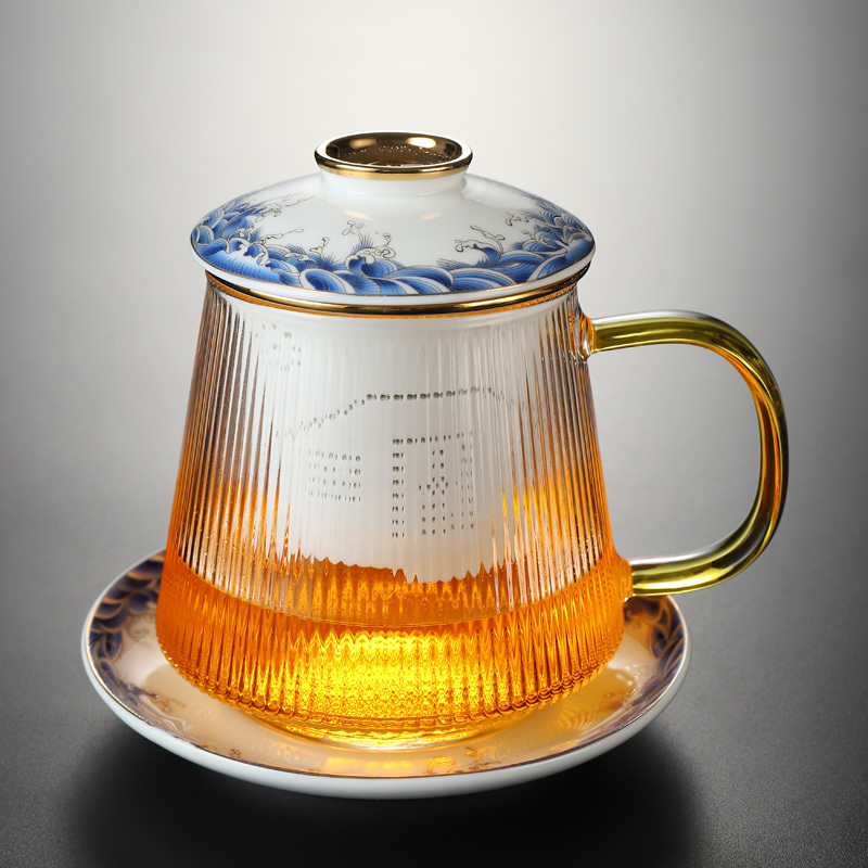 Hot recommended office glass tea cup with lid, tea and water separation tea cup (glass striped wave four-piece set)