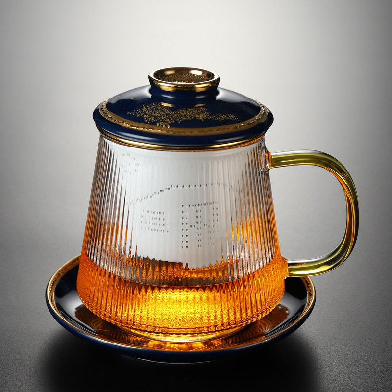 Hot recommended office glass tea cup with lid, tea and water separation tea cup (glass striped landscape four-piece set)