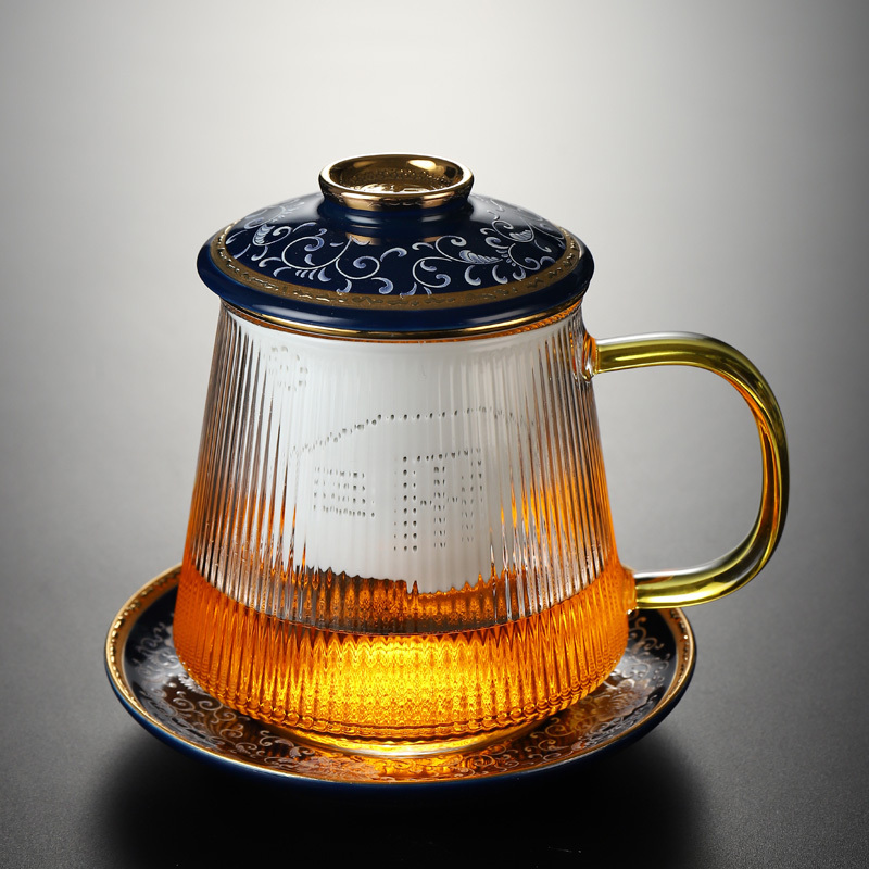 Hot recommended office glass tea cup with lid, tea and water separation tea cup (glass striped Lantern four-piece set)