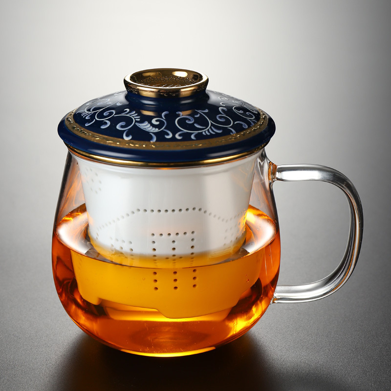 Hot recommended office glass tea cup with lid, tea and water separation tea cup (glass transparent Lantern three-piece set)