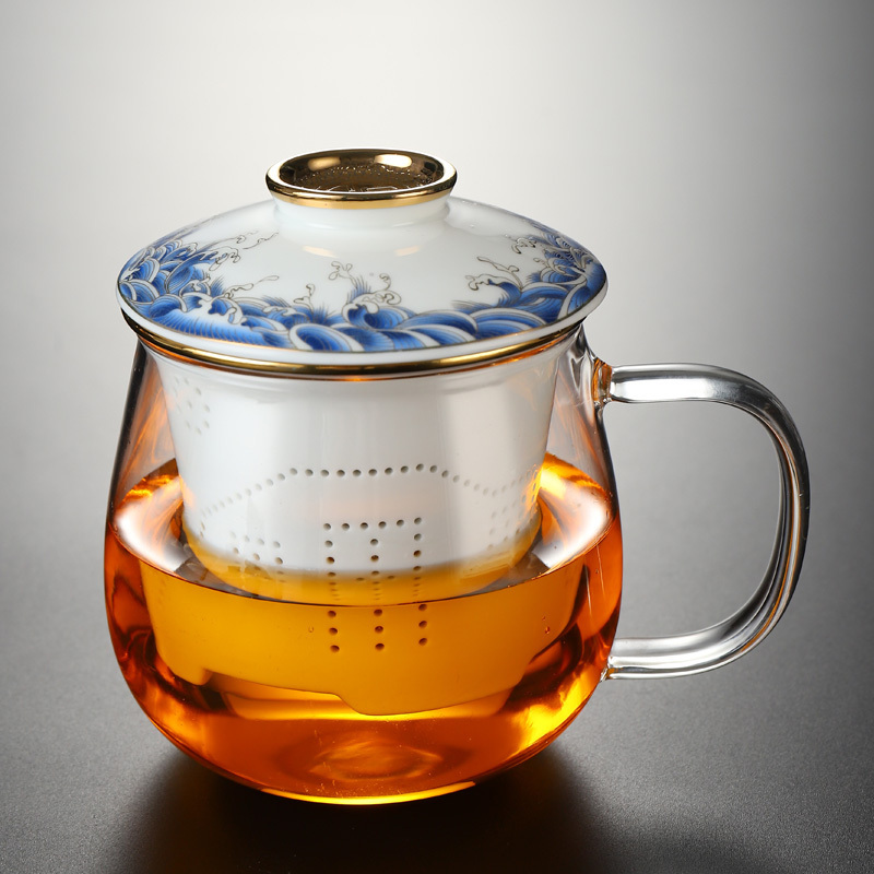 Hot recommended office glass tea cup with lid, tea and water separation tea cup (glass transparent wave three-piece set)