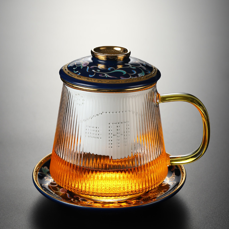 Hot recommended office glass tea cup with lid, tea and water separation tea cup (glass striped and wrapped four-piece set)