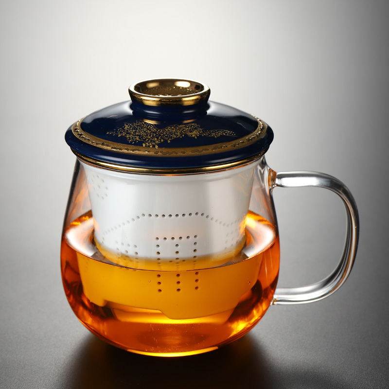 Hot recommended office glass tea cup with lid, tea and water separation tea cup (glass transparent landscape three-piece set)