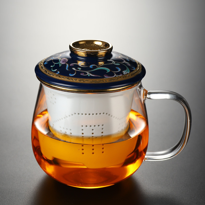 Hot recommended office glass tea cup with lid, tea and water separation tea cup (glass transparent three-piece set)