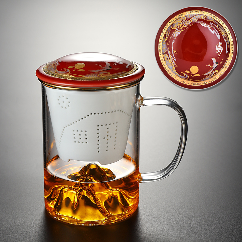 Hot recommended office glass tea cup with lid, tea and water separation tea cup (Mingshan glass flamingo three-piece set)