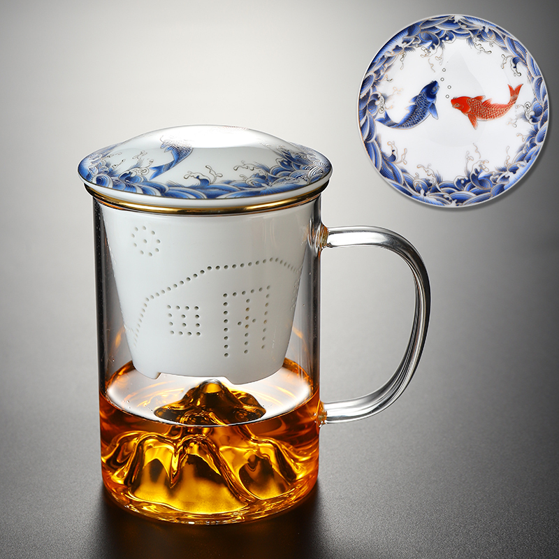 Hot recommended office glass tea cup with lid, tea and water separation tea cup (Mingshan glass three-piece set)