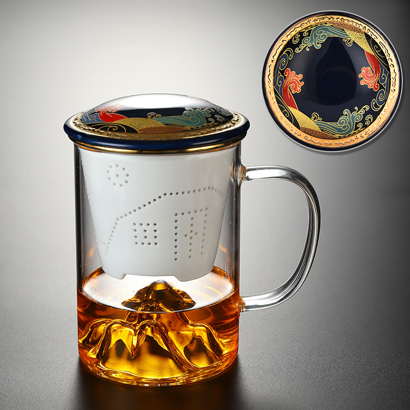 Hot recommended office glass tea cup with lid, tea and water separation tea cup (Mingshan Glass Jinlang three-piece set)