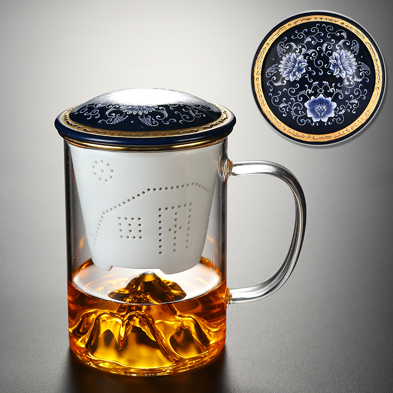 Hot recommended office glass tea cup with lid, tea and water separation tea cup (Mingshan Glass Lantern three-piece set)