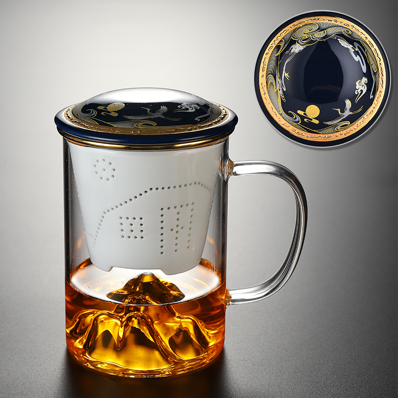 Hot recommended office glass tea cup with lid, tea and water separation tea cup (Mingshan Glass Blue Crane three-piece set)