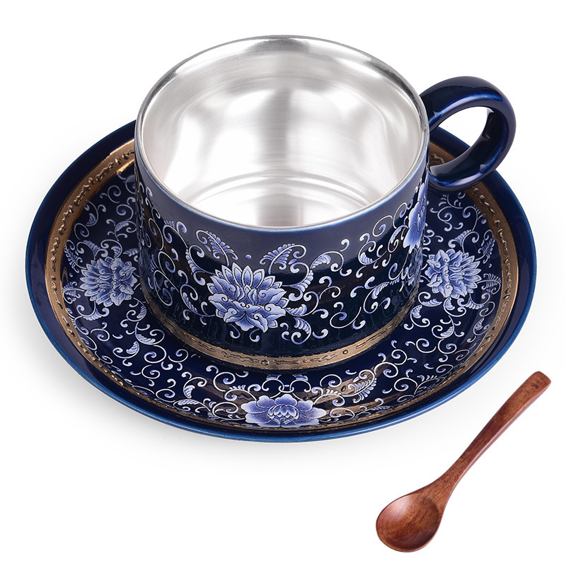 Hot recommendation of high-end exquisite enamel latte cup coffee cup set (Zhumen Xiuhu coffee cup-(silver liner))