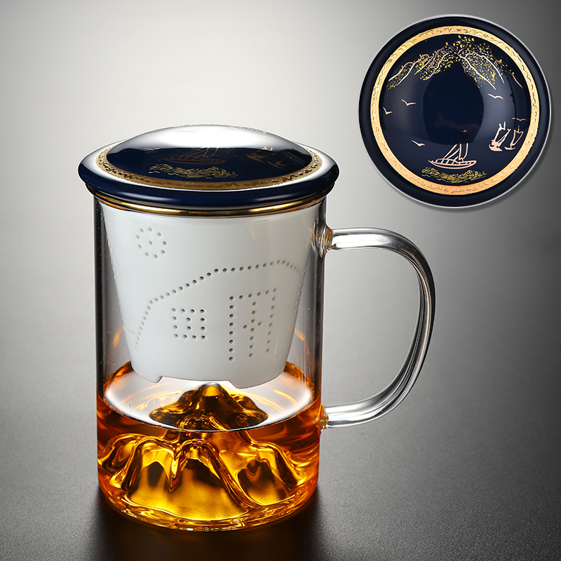 Hot recommended office glass tea cup with lid, tea and water separation tea cup (famous mountain glass landscape three-piece set)