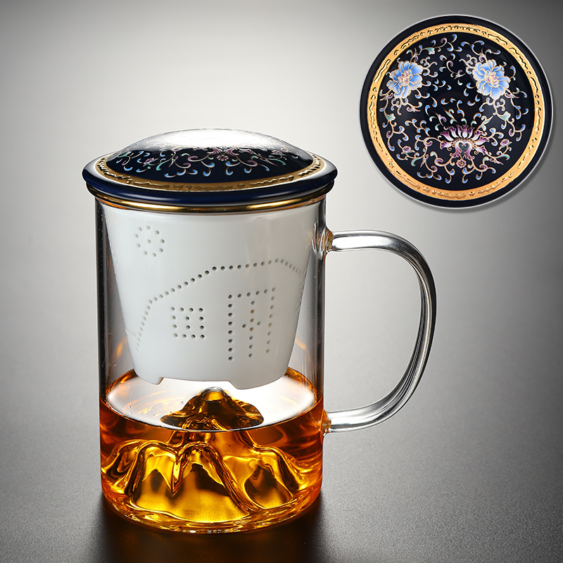 Hot recommended office glass tea cup with lid, tea and water separation tea cup (three-piece set of Mingshan glass wrapped branches)