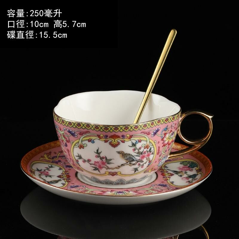 Hot recommendation of high-end exquisite enamel latte cup coffee cup set (birds and flowers coffee cup - pink)