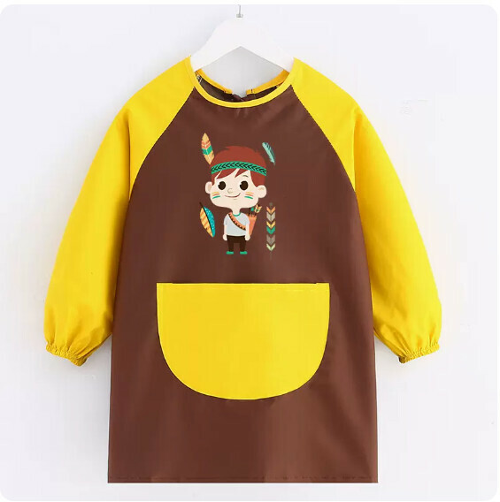 Popular children's apron [long-sleeved children's waterproof coffee with yellow indigenous men's medium size 4-7 years old] [Specification: M size]