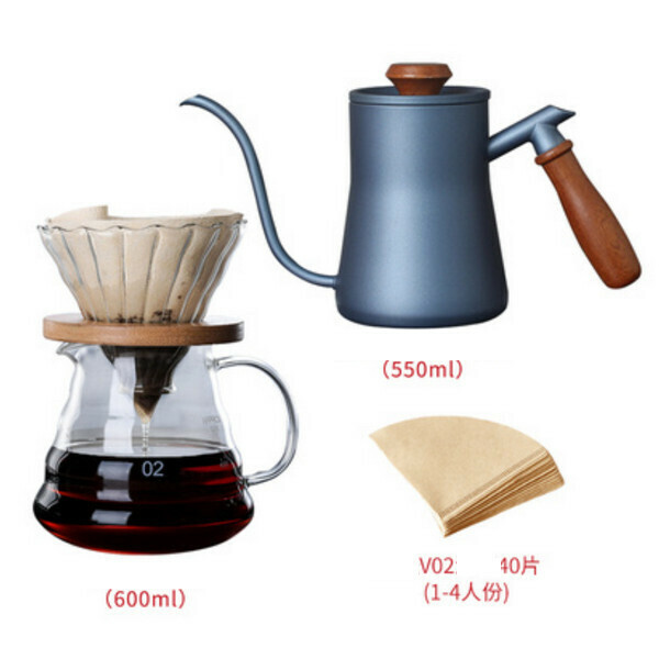 爆款手沖咖啡器具套裝-600ml壺+竹托V02濾杯+藍手沖壺+濾紙