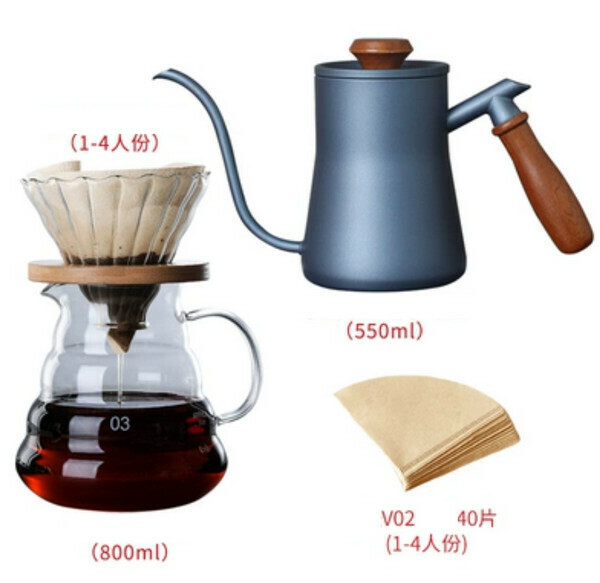 爆款手沖咖啡器具套裝-800ml壺+竹托V02濾杯+藍手沖壺+濾紙