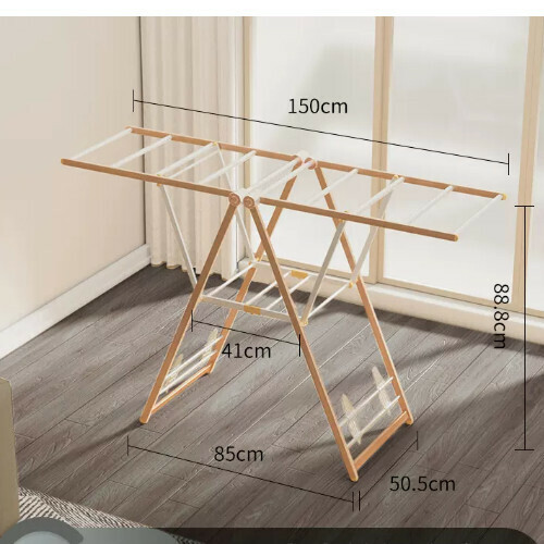 New clothes drying rack [1.5 meters aluminum alloy wood grain regular style - with shoe stretcher] Size: [Large]