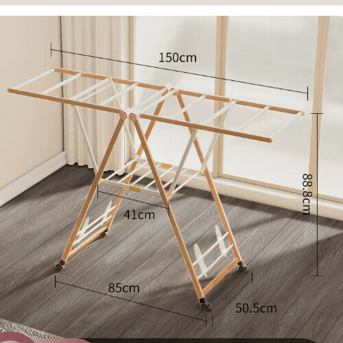 New clothes drying rack [1.5m aluminum alloy wood grain upgraded model - with universal rollers] Size: [Large]