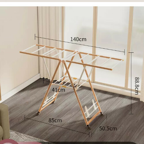New clothes drying rack [1.4m aluminum alloy wood grain upgraded model - with universal rollers] Size: [Large]