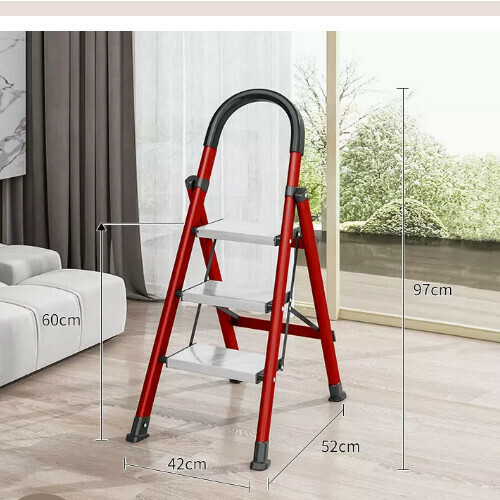 New folding herringbone ladder [red carbon steel household 3-step ladder aluminum pedal]