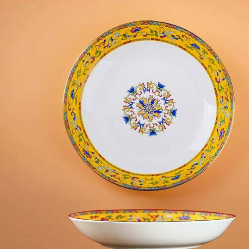 Popular ceramic gold-rimmed plate (8-inch flat plate [gold-rimmed imperial yellow], diameter about 20 cm)