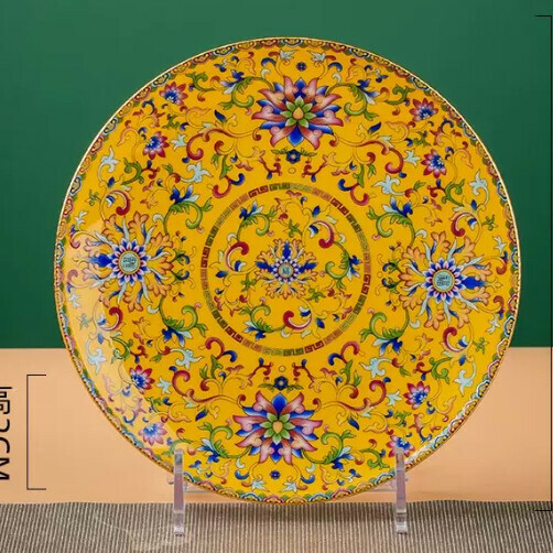 Popular ceramic gold-rimmed plate (8-inch full-flower flat plate [Gold-rimmed Imperial Yellow], diameter about 20 cm)