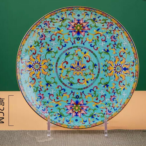Popular ceramic gold-rimmed plate (8-inch full-flower flat plate [Gold-rimmed Xizi Blue], diameter about 20 cm)