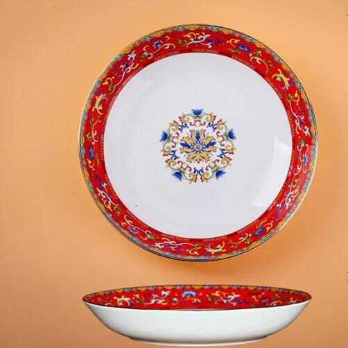 Popular ceramic gold-rimmed plate (8-inch flat plate [gold-rimmed vermilion red], diameter about 20 cm)