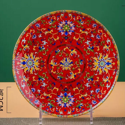Popular ceramic gold-rimmed plate (10-inch full-flower flat plate [gold-rimmed vermilion red], diameter about 26 cm)