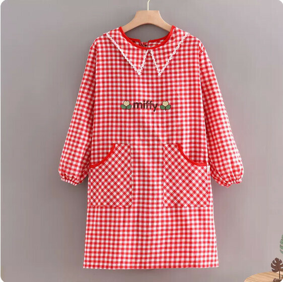 Hotly recommended apron [pure cotton long-sleeved pointed collar miff flower red check] [Specification: 100*90CM]