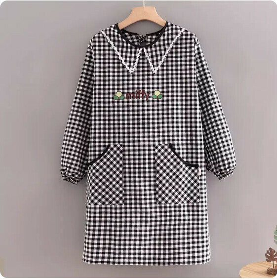 Hotly recommended apron [pure cotton long-sleeved pointed collar miff floral black plaid] [Specification: 100*90CM]