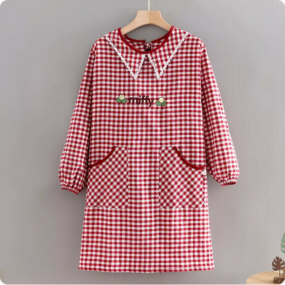 Hotly recommended apron [pure cotton long-sleeved pointed collar miff floral maroon check] [Specification: 100*90CM]
