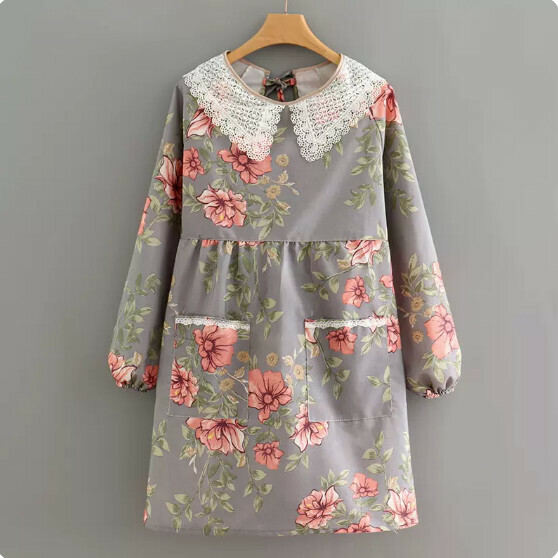 Hotly recommended floral apron [long-sleeved canvas lace collar peony gray] [specification: 122*90CM]