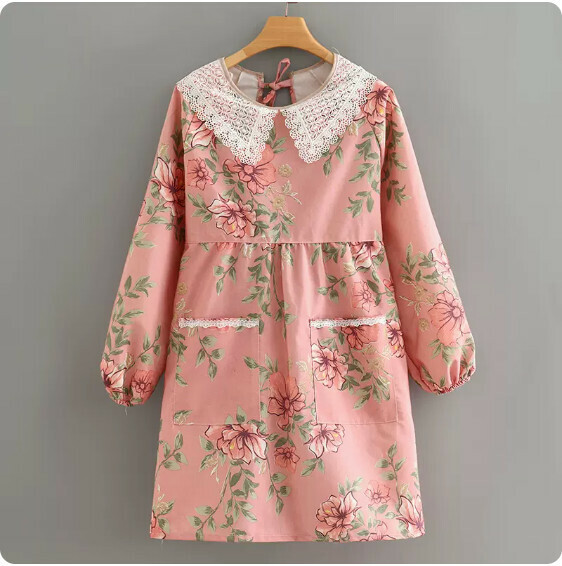 Hot recommended floral apron [long-sleeved canvas lace collar peony pink] [specification: 122*90CM]