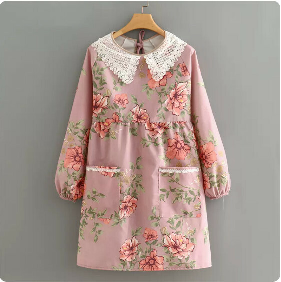 Hotly recommended floral apron [long-sleeved canvas lace collar peony purple] [specification: 122*90CM]