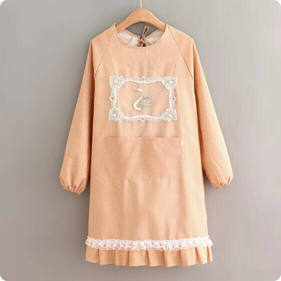 Hot recommendation of cute and fashionable apron [canvas long-sleeved polka dot swan coffee color] [specification: 105*98CM]