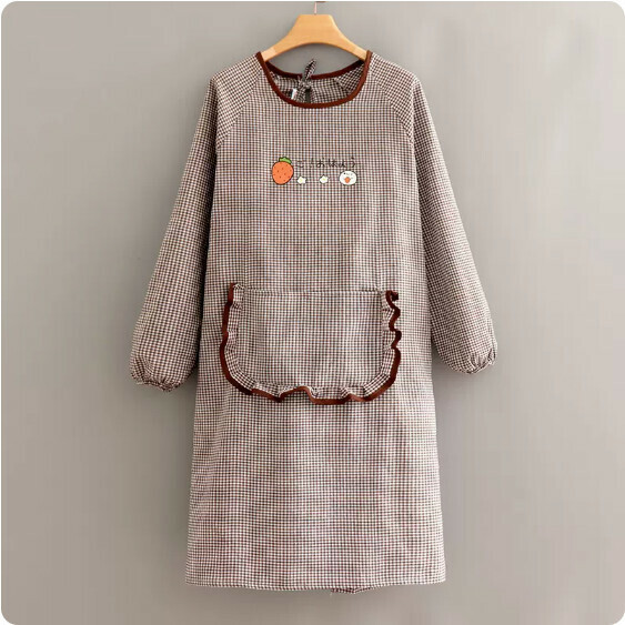 Hotly recommended apron [long-sleeved Korean style pure cotton coffee color with side pockets] [Specification: 102*98CM]