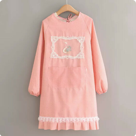 Hot recommendation of cute and fashionable apron [canvas long sleeves polka dot swan pink] [specification: 105*98CM]