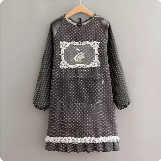 Hot recommendation of cute and fashionable apron [canvas long sleeves polka dot swan black] [specification: 105*98CM]