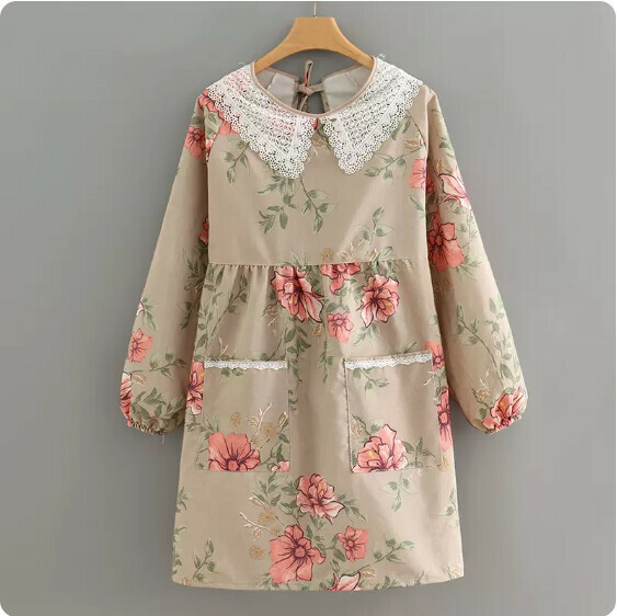 Hotly recommended floral apron [long-sleeved canvas lace collar peony flower coffee color] [specification: 122*90CM]