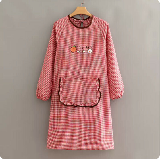 Hotly recommended apron [Korean style pure cotton red with long sleeves and coffee side pockets] [Specifications: 102*98CM]