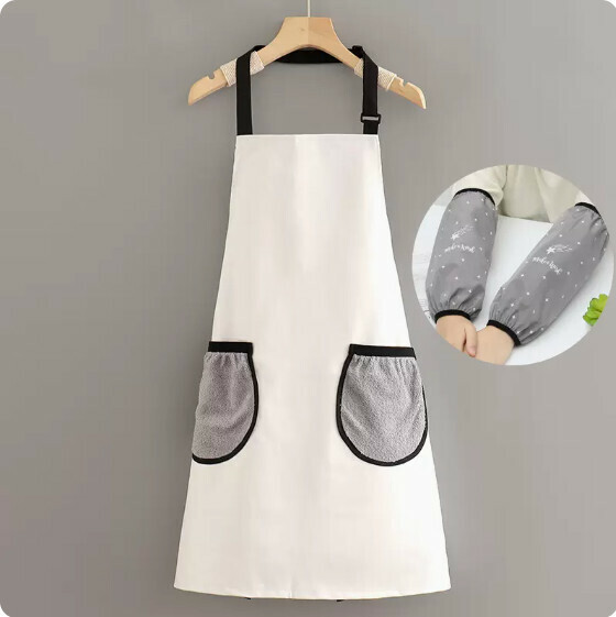 Hotly recommended waterproof and oil-proof apron [leather halterneck hand pocket white + star gray sleeves] [Specification: 67*77CM]