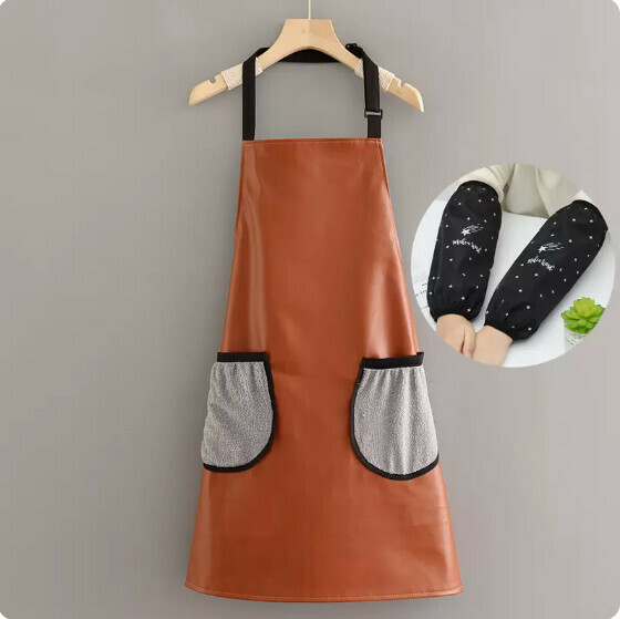 Hotly recommended waterproof and oil-proof apron [leather halterneck hand pocket coffee color + star black sleeves] [Specification: 67*77CM]