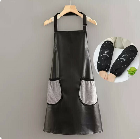 Hotly recommended waterproof and oil-proof apron [leather halterneck hand pocket black + star black sleeves] [Specification: 67*77CM]